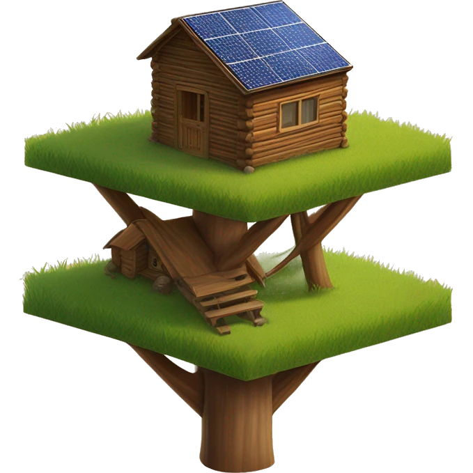 Wood Cabin near tree, 5 stories tall solar, grass field  emoji
