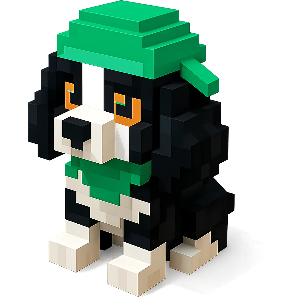 A black and white Russian Cocker Spaniel puppy wearing a green durag, voxel style, sitting emoji