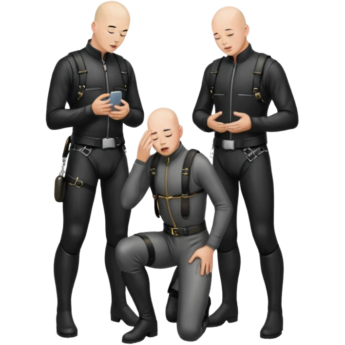 Two men, one standing one kneeling in black leather, harnesses the tall man pissing on the man kneeling both bald the man on his knees with his tongue out emoji