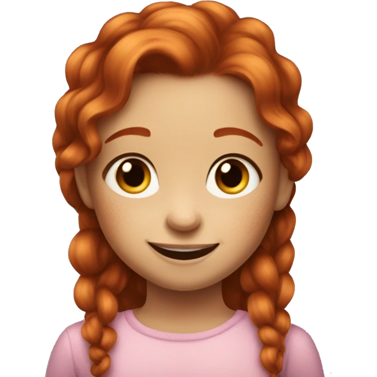Create a happy 5year old girl with medium length red hair, a few freckles, who is a little mischevious emoji