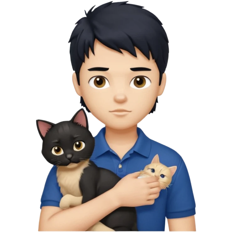generate a pretty fair bratz boy with a messy mullet (black hair), wearing a dark blue polo.  holding a beige cat emoji