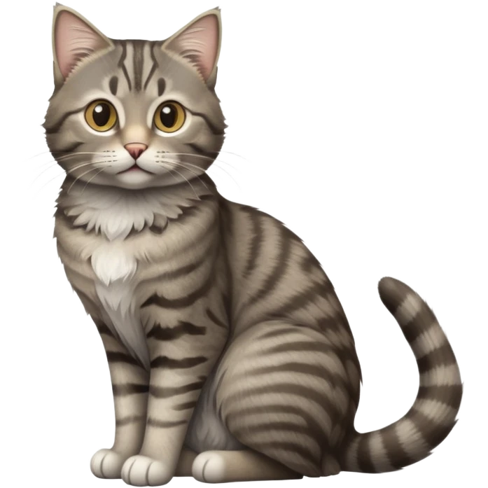 cinematic-[grey brown tabby cat]-realistic-full-body-sitting-emoji,-tail-curled-playfully-around-its-paws,-head-tilted-dramatically,-scruffy-[grey]-fur,-simplified-yet-realistic-focused-features,-highly-detailed,-glowing-with-an-almost-sarcastic-glow emoji