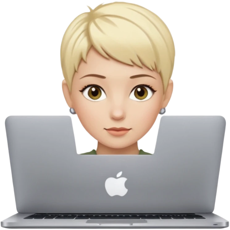 macbook pro woman pixie haircut blonde hair hazel eyes emoji