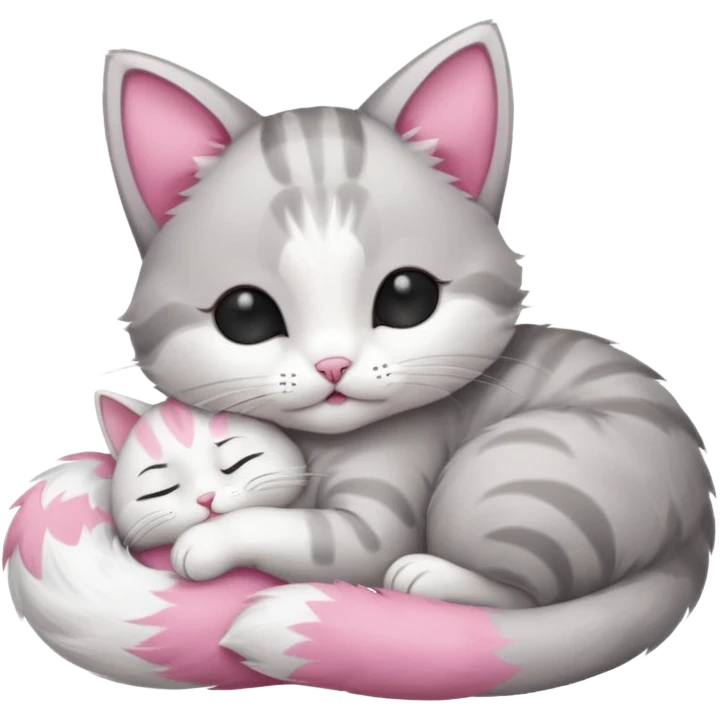 1 grey and white small cat with its eyes closed lying down leaning on his elbow with his paw curled under his head holding it up emoji