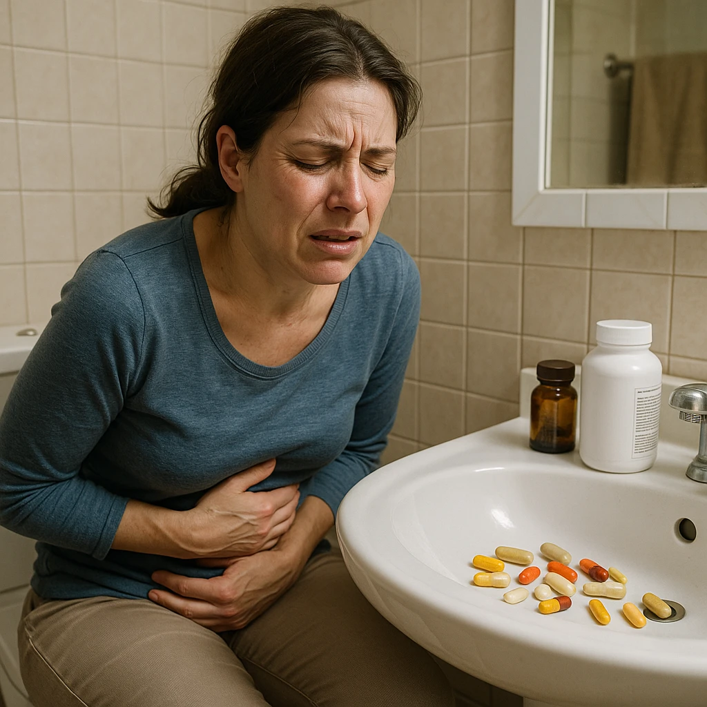 hyper realistic image of a woman in bathroom with symptoms of intestinal damage from supplements, expression of pain, supplements visible on the sink, clinical details, domestic environment emoji