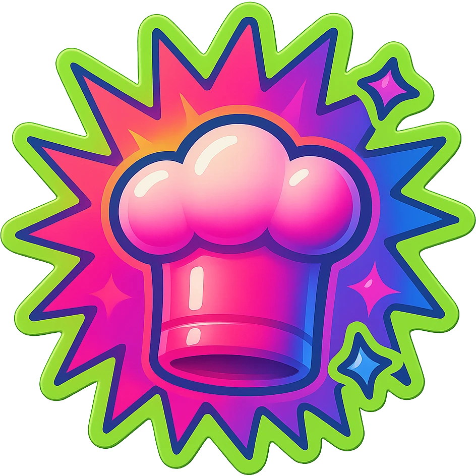 chef's hat, colors explosion, playful and modern with gradient FF4D67, 9D34FF gradient, border green neon, vibrant, matching image reference  emoji