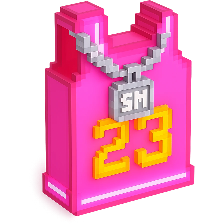 светящейся розовая баскетбольная майка с надписью "23" и серебряная цепь с надписью "SM", no background emoji