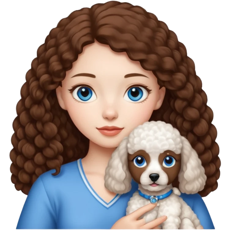beautiful brown haired girl with blue eyes holding a white javanese poodle  emoji