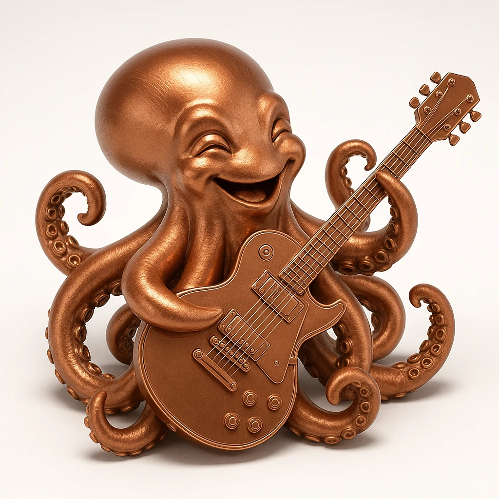 happy octopus with multiple arms playing guitar emoji