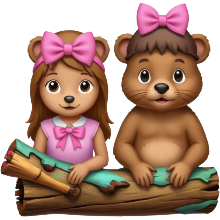 a girl beaver and a boy beaver on a log. give the girl beaver eyelashes and a bow on top of her head emoji