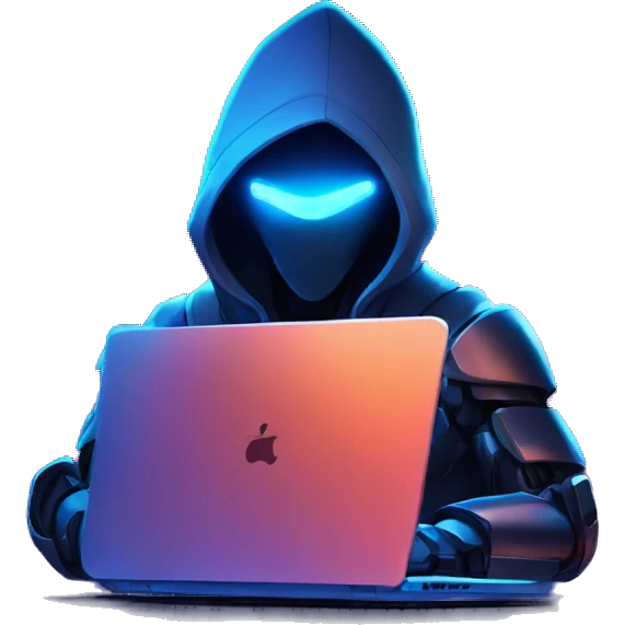 Side view developer robot behind his laptop with this style : Riot Games Valorant neon glowing bright blue character blue black hooded assassin themed character emoji