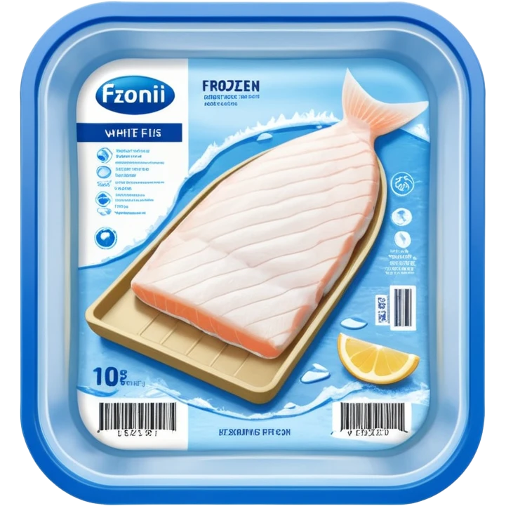 A vacuum-sealed plastic tray containing frozen white fish fillets, covered with thin layers of frost. The packaging has a clear window showing the fish, and a blue label with product details and a barcode. Realistic supermarket freezer setting with cold mist and LED lighting. emoji