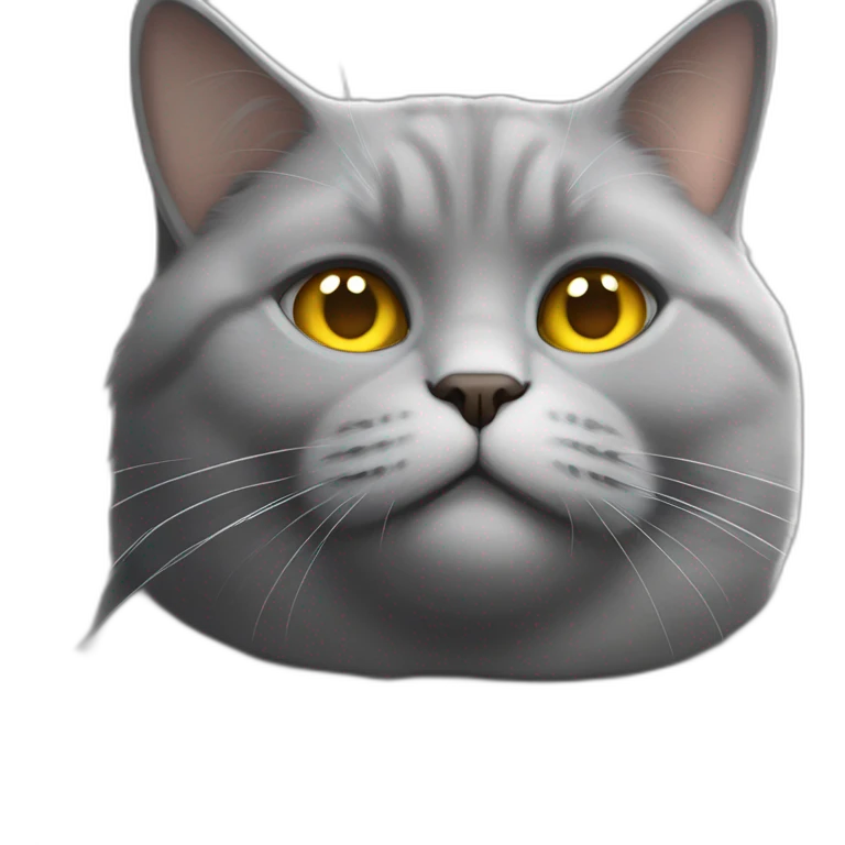 Fat Russian grey cat with golden eyes and a white spot of hair sitting like a person emoji