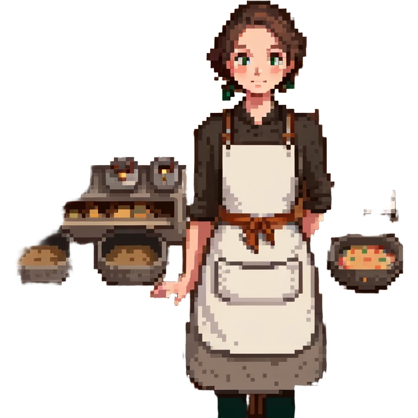 A young apprentice baker in a cozy, old-fashioned bakery. Surrounded by wooden countertops, cast iron baking trays, and a stone oven. His apron is dusted with flour, and analog timers tick beside handwritten recipe cards. The scene is textured with aged wood, metal, and soft fabric. emoji