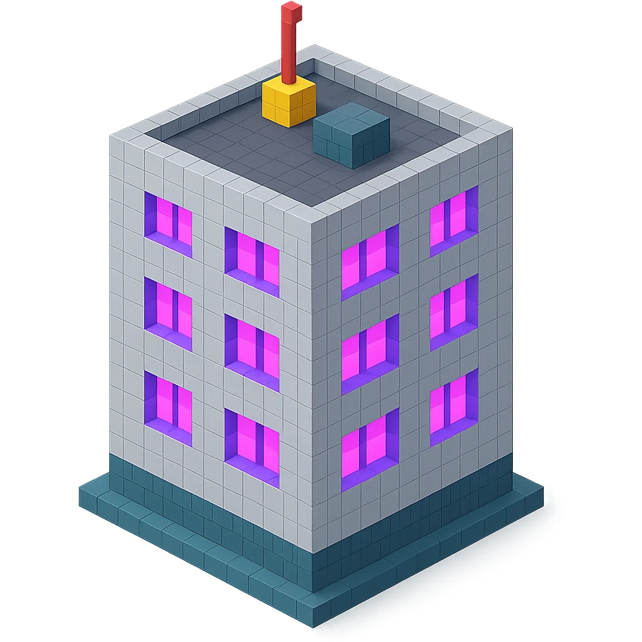 Russian panel apartment building, square block shape, light gray concrete, windows glowing with ultraviolet color, isometric view emoji