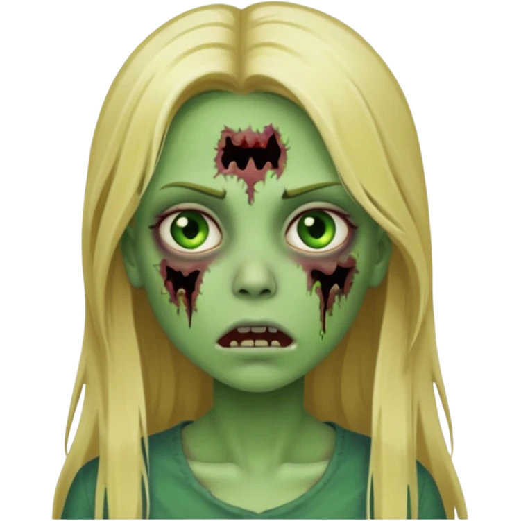 girl zombie with blonde straight long hair green skin and with no angry face and with the mouth closed emoji