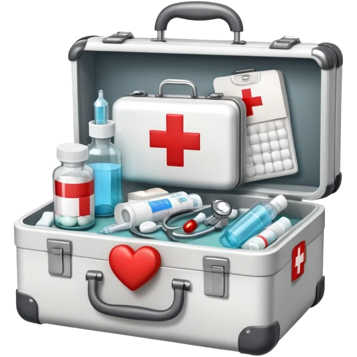 An icon featuring a medical suitcase with a red cross, a bottle of pills, a stethoscope, and a syringe, symbolizing medicine. The design includes a thermometer, bandages, and a heart monitor, representing healthcare and medical treatment. Transparent background highlights the science of healing. emoji