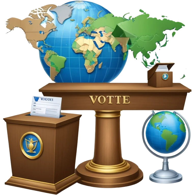 An icon featuring a podium with a speaker, a ballot box with a voting slip, and a globe, symbolizing political science. The design includes scales of justice and a world map in the background, representing governance and global politics. Transparent background highlights political analysis. emoji