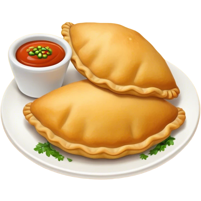 Cinematic Realistic Colombian Cornmeal Empanadas Emoji, showcasing the golden, crispy shell filled with savory meats and spices, served with a side of aji dipping sauce, rendered with vibrant textures and warm, inviting lighting. emoji