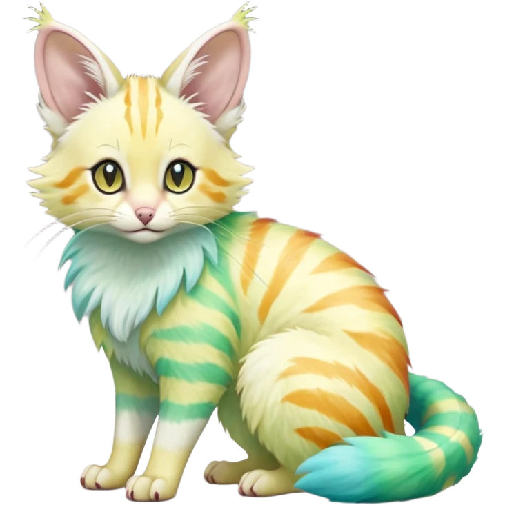  cute adorable yellow-green-turquoise-gradients albino fur with random colorful iridescent rainbow markings beautiful elegant pretty precious cute  Fakémon-Pokémon-opossum-feline-serval-caracal-chinchilla-Minccino-hybrid-creature with a big fluffy bushy striped tail (full body) emoji