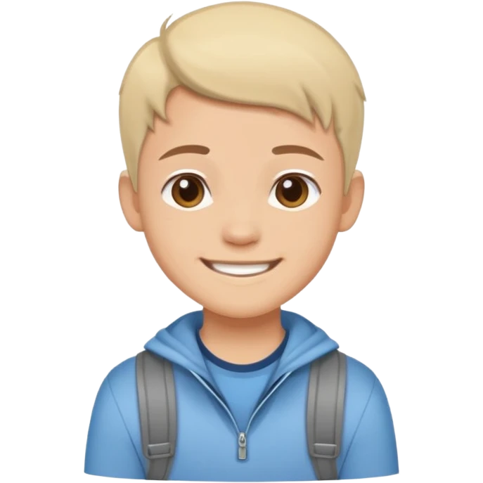 Cartoon avatar sticker of a young person, friendly smile, modern outfit, clean vector illustration, thick outline, flat colors, simple background, sticker style, high quality, transparent background emoji