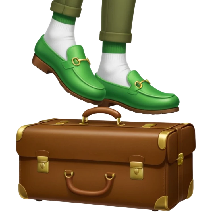 Feet with white socks wearing green slippers standing on a briefcase emoji