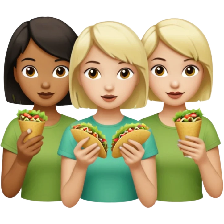 3 girls eating tacos. One white girl with a short dark bob haircut, one dark olive skin with a pony tail, one white with long blonde hair emoji
