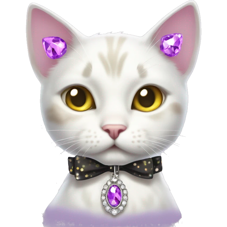 White cat with brown and black spots with yellowish greenish eyes and white whiskers with a sparkly rhinestone purple necklace collar thing with a bow on her ear emoji