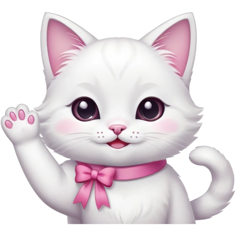 A cute white cat is sitting, waving its paw and smiling. She has a beautiful pink bow around her neck emoji