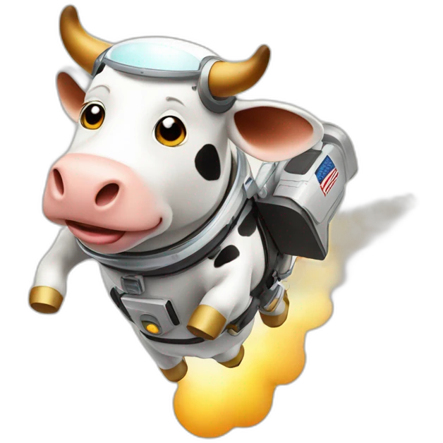 cow flying to space while wearing a jetpack emoji