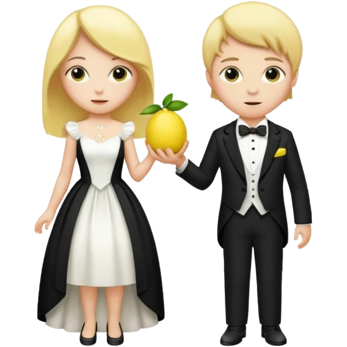2 lemons a girl and a boy lemon the girl lemon with a white dress similar to a wedding dress but not that fancy and the boy lemon wearing a tuxedo but instead of a bowtie make it a regular tie with black and white colors also they have to be facing each other  emoji