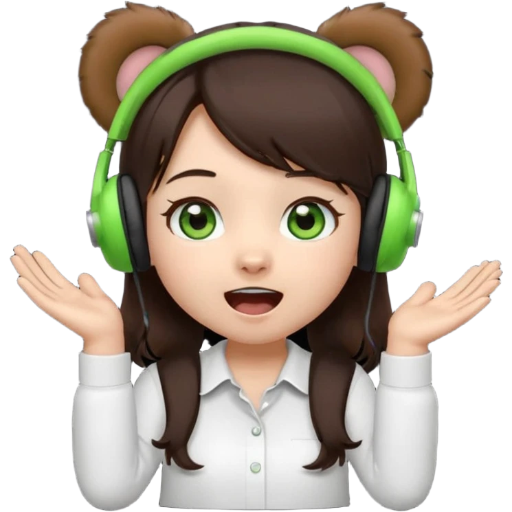 Animated emoji, Chibi girl, dark brown hair, green eyes, wearing a white shirt and small brown bear ears on a black headset, with wide happy surprised eyes and mouth and clapping excitedly emoji