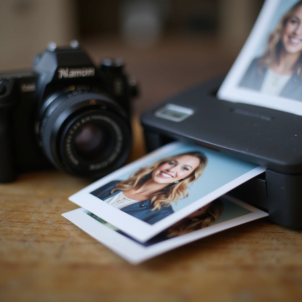 realistic thumbnail for a passport size photo printing service, with a close-up of a printer outputting passport photos and a camera nearby emoji