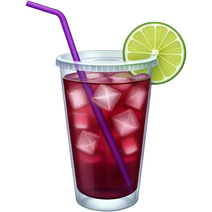 maroon purple cocktail with a lime in a plastic cup with lid and straw  emoji