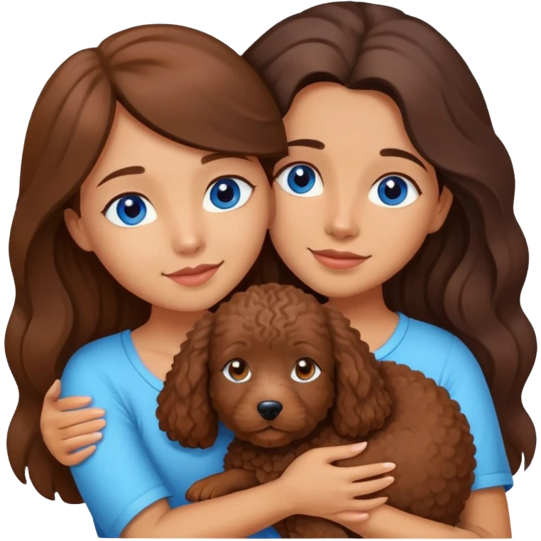 A girl with blue eyes and long hair hugging her little Brown Spanish water dog  emoji