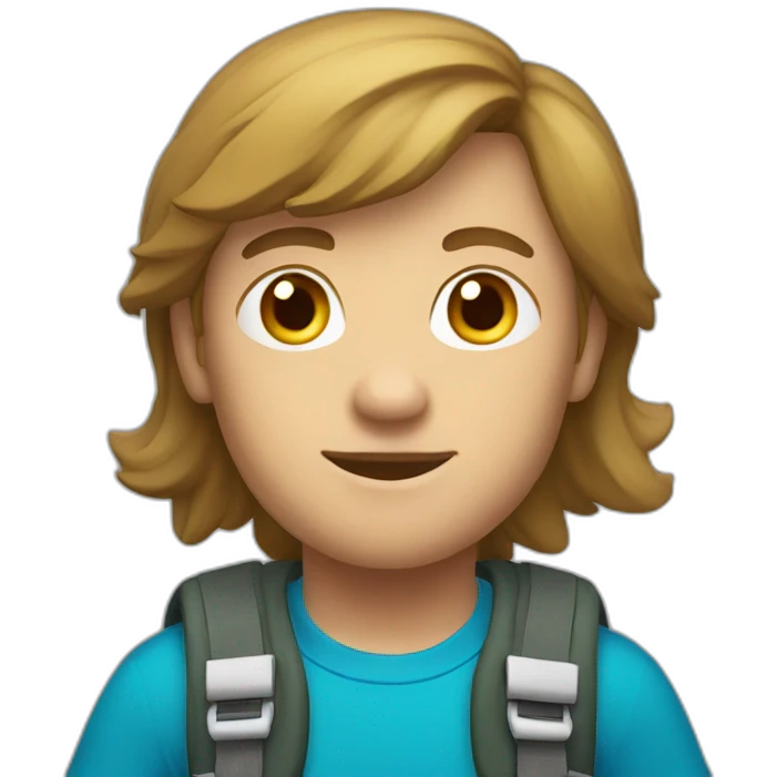white climber with a blue shirt and green shorts. brown hair emoji