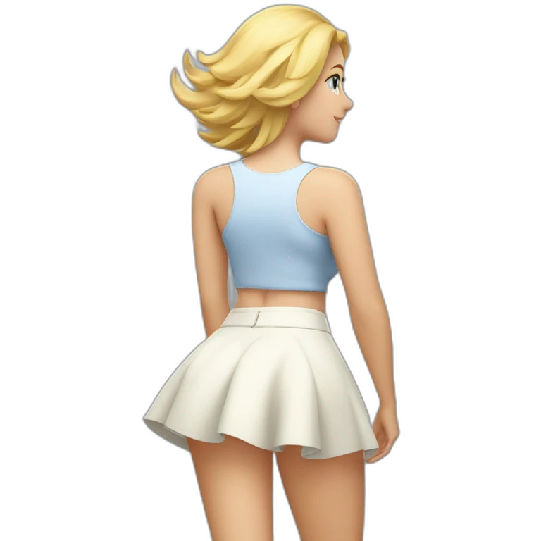 full body back view curvy caucasian beauty in small skirt lifted by the wind butt white socks emoji