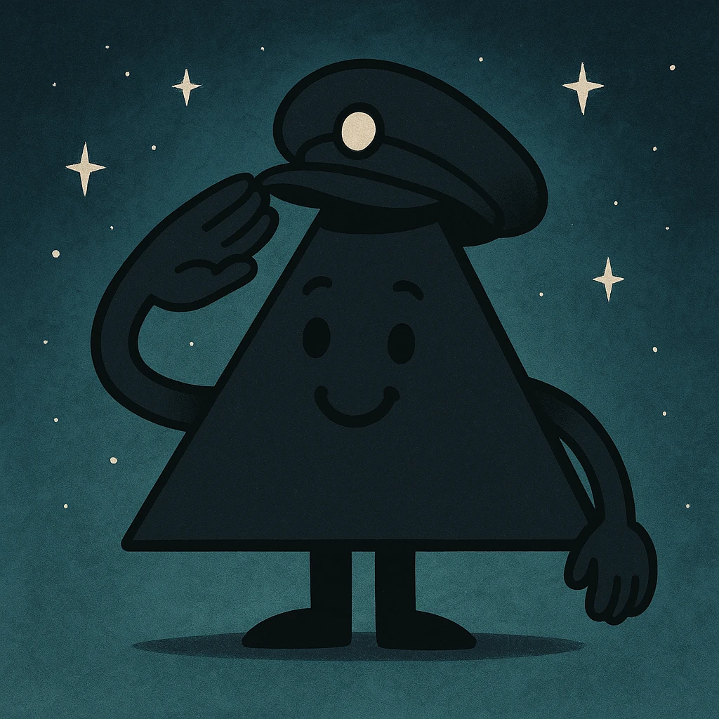 A magical isosceles triangle that is smiling and saluting with a cap with a background emoji