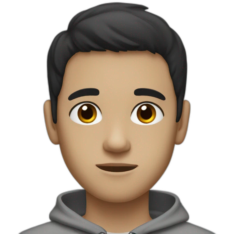 Boy with straight black hair, medium black eyes with a gray sweatshirt, with a thin face and semi-dark white skin emoji