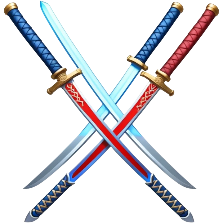 Design a stylized emoji icon of two crossed katanas, each with a different colored aura (e.g. blue and red), representing the fusion of two opposing ideas. The swords should look elegant, not aggressive – symbolizing creativity through contrast and harmony.

 emoji
