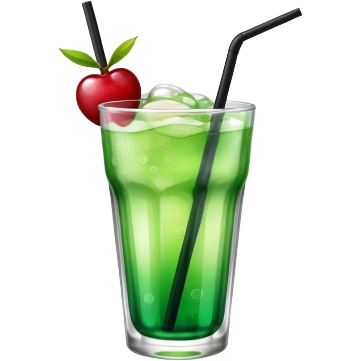 Create an emoji with a clear rounded glass, bright transparent green soda with fine bubbles, a smooth vanilla scoop, a glossy red cherry, and a black straw, using vibrant colors, soft shading, and clear glass highlights.
 emoji