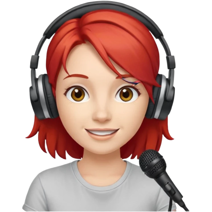 Female, happy, wearing headphone having mic, t-shirt, red hair
 emoji