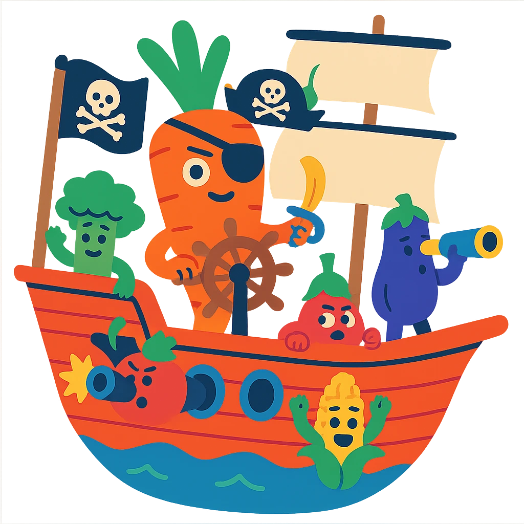 pirate ship crewed by living vegetables, captain is a giant carrot wearing an eyepatch, colorful absurd style, no text emoji