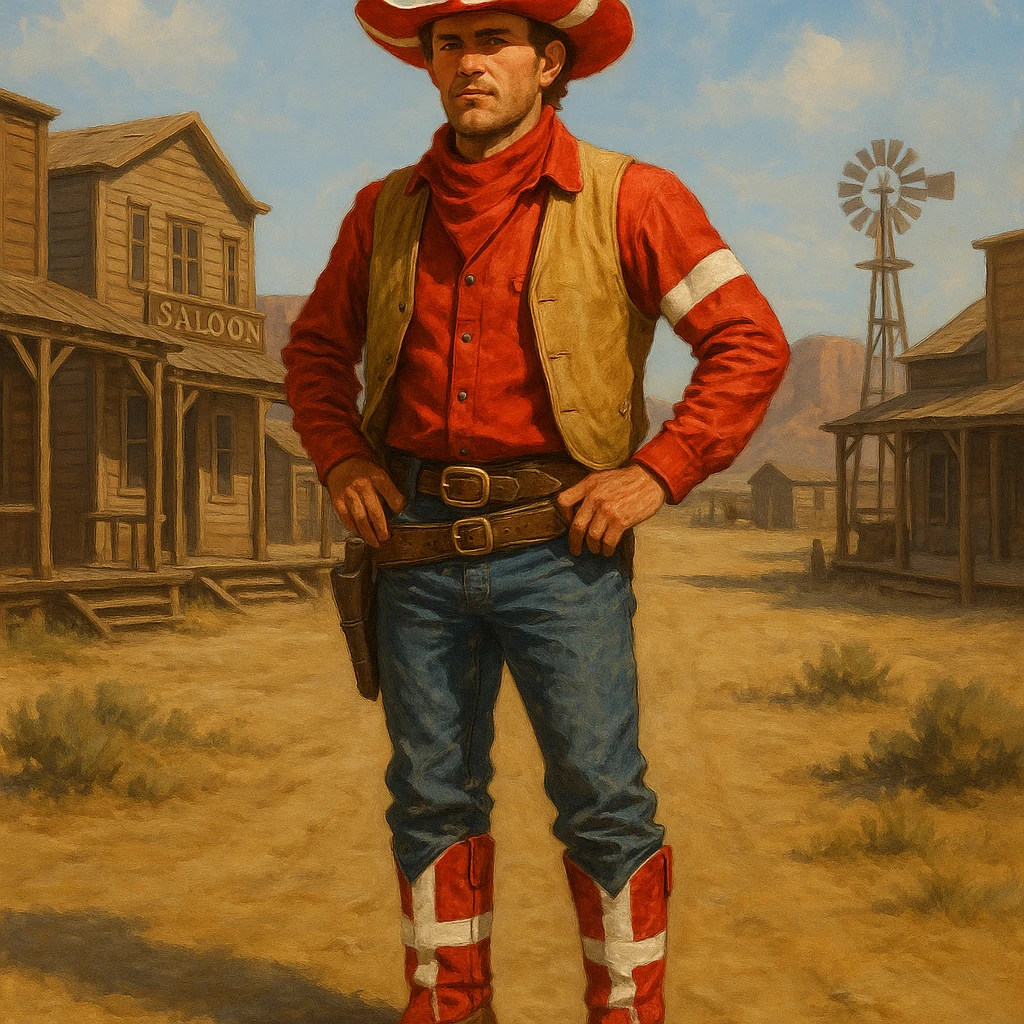 Danish cowboy wearing a cowboy hat and boots with Danish flag colors in a western setting emoji
