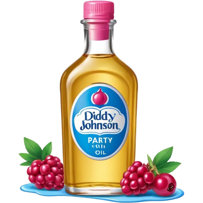 bottle of oil blue top pink outside with logo that says Diddy Party oil Johnson and Johnson  brand with a smiling berry on top emoji