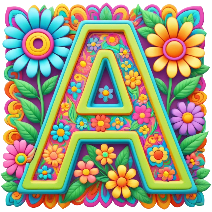 3D style, psychedelic colored Letter A, with hippie style flower border emoji