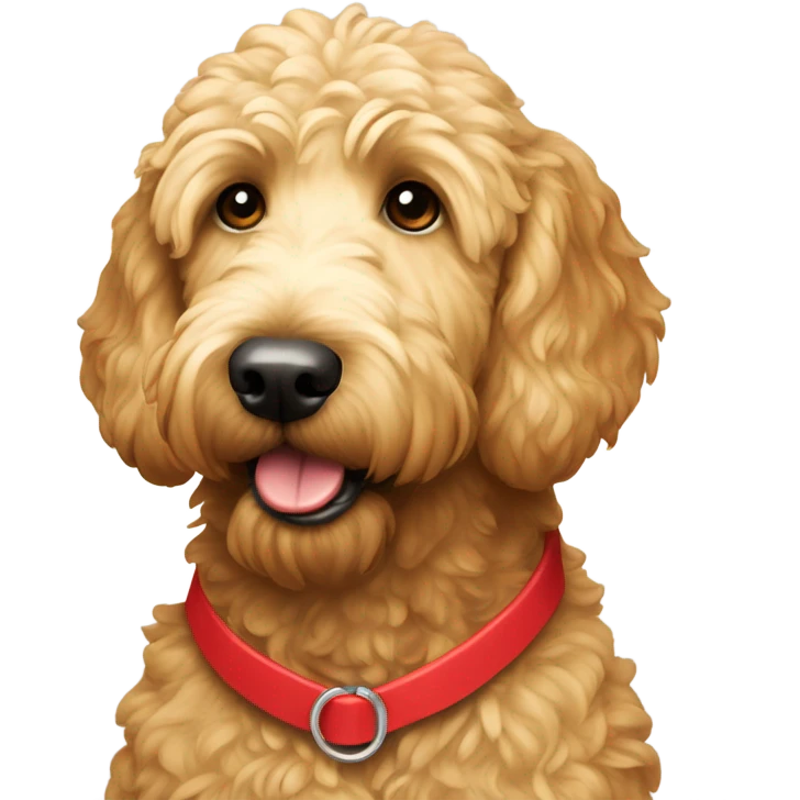 Golden doodle with white spit on forehead with red collar  emoji