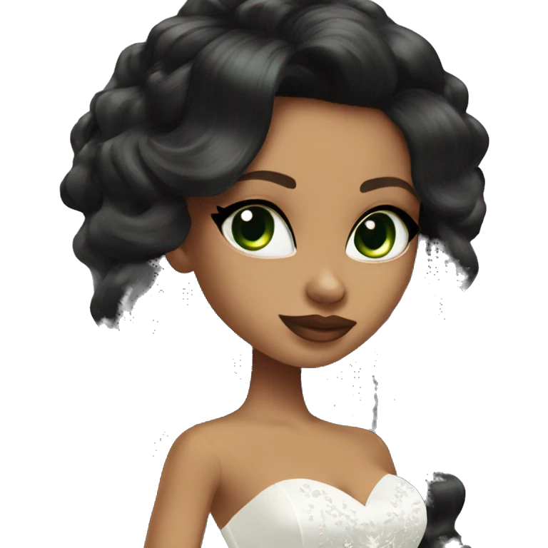 Bratz, bride, black wavy long hair, olive skin, green almond cat eyes emoji