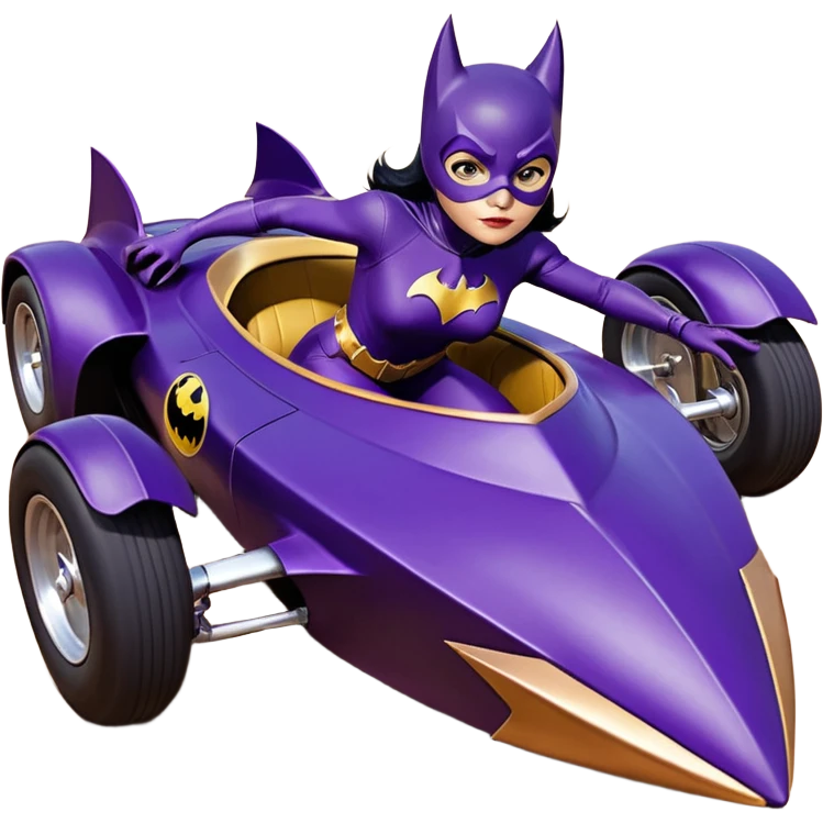 Hot full size real-appearance racing action (Darkness in her soul) BatGirl’s midnight-purple tight outfit sixty’s tv show 1992 stealth retro cat burglar sporty petite off-road pursuit mobile cruiser car rose gold accents (black hair,reclined and relaxed seating position and attitude) emoji