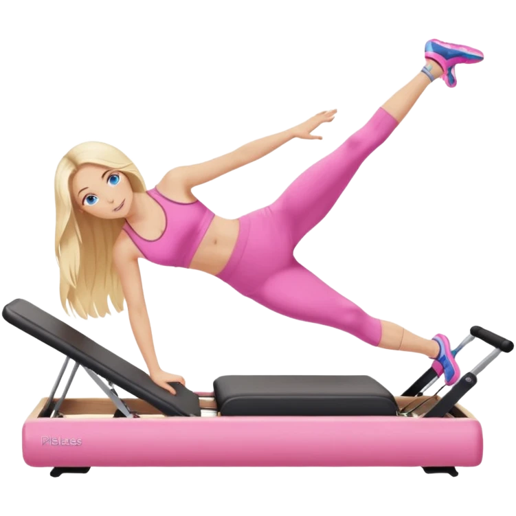  long blown out blonde hair woman blue eyes wearing pink workout set doing pilates reformer emoji